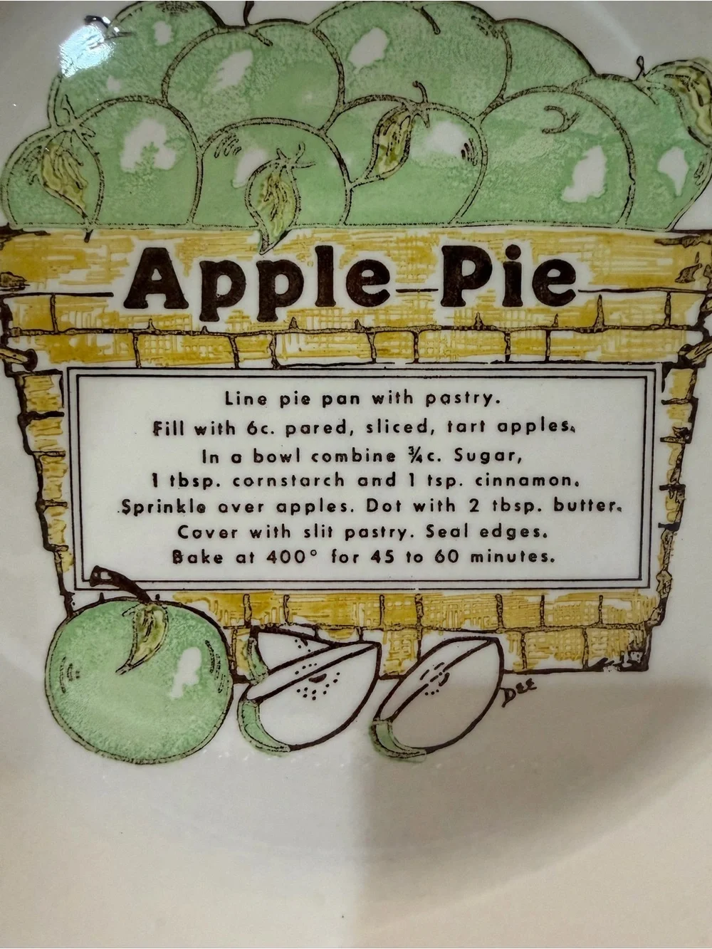 VTG Apple Pie Ceramic Pie Plate with Green Apple Graphic